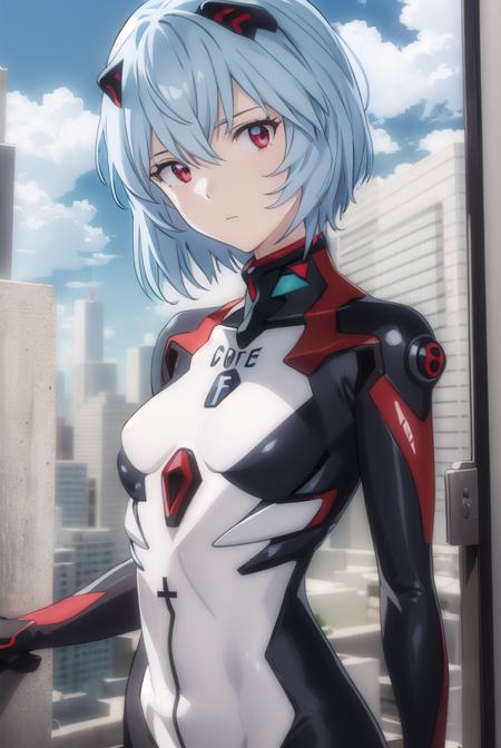 reiayanami, <lora:rei ayanami rebuild-lora-nochekaiser:1>, 
rei ayanami, (ayanami rei:1.2), blue hair, short hair, (red eyes:1.3),
BREAK bodysuit, headgear, plugsuit, black bodysuit,
BREAK outdoors, city, sky, sun, clouds,
BREAK looking at viewer, (cowboy shot:1.5),
BREAK <lyco:GoodHands-beta2:1>, (masterpiece:1.2), best quality, high resolution, unity 8k wallpaper, (illustration:0.8), (beautiful detailed eyes:1.6), extremely detailed face, perfect lighting, extremely detailed CG, (perfect hands, perfect anatomy),