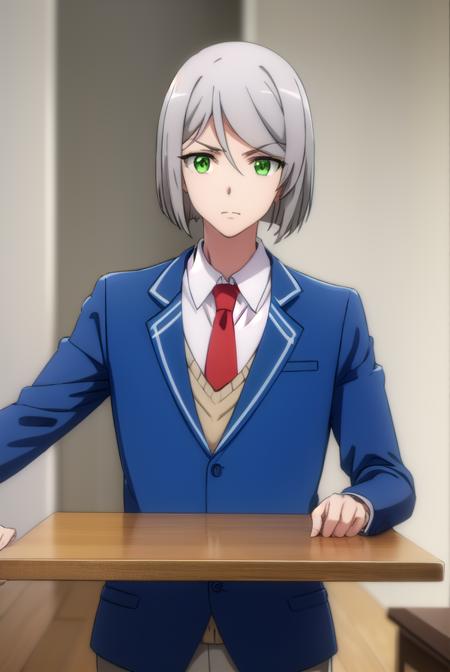 broodlevkaiser, <lora:brood lev kaiser s2-lora-nochekaiser:1>,
brood lev kaiser, (green eyes:1.3), grey hair, male focus,
BREAK school uniform, jacket, necktie, pants, formal, suit, blue jacket, red necktie,
BREAK indoors, classroom,
BREAK looking at viewer,
BREAK <lyco:GoodHands-beta2:1>, (masterpiece:1.2), best quality, high resolution, unity 8k wallpaper, (illustration:0.8), (beautiful detailed eyes:1.6), extremely detailed face, perfect lighting, extremely detailed CG, (perfect hands, perfect anatomy),