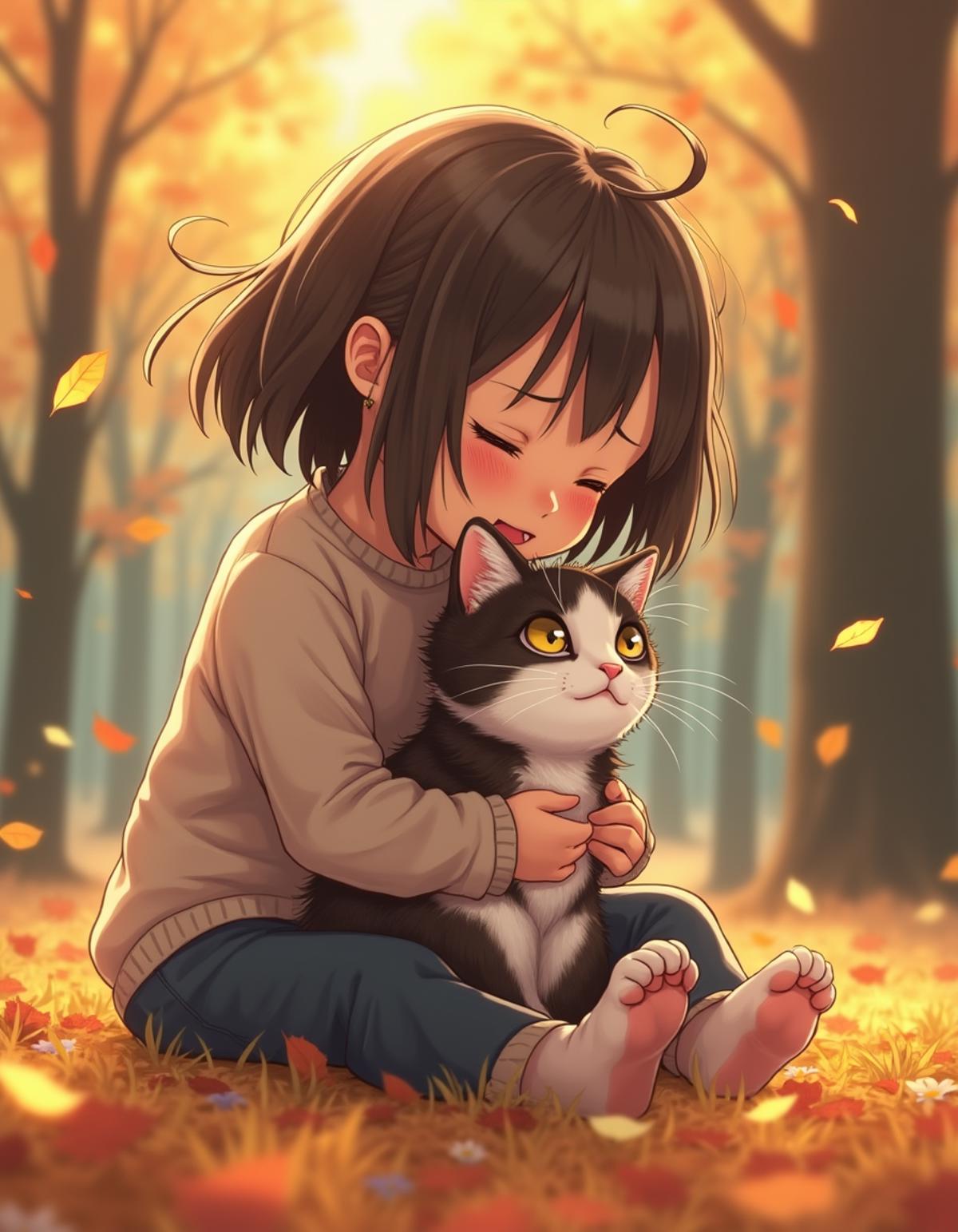 First: autumn park. 
Break.
Second: 15yo girl playing with her  kitty.  4k, highly detailed