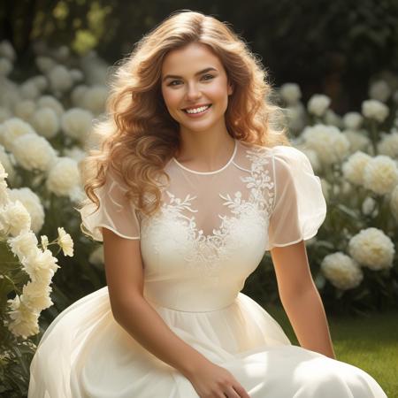 A breathtakingly beautiful woman with a radiant smile that reveals her charming dimples. Her eyes sparkle with joy as they reflect the gentle light that dances upon her soft, wavy hair, which cascades down her shoulders in a halo of golden locks. She is adorned in an elegant white dress, the fabric whispering against her skin, creating an ethereal glow that seems to emanate from within. The dress is designed with intricate lace detailing, which complements the natural curves of her figure, and flows gracefully to the ground, hinting at her poise and femininity. The background is a serene garden, filled with blooming flowers that mirror