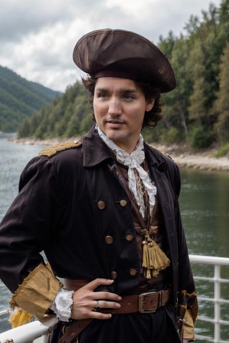 RAW photo, jtrudeau dressed as a pirate, 8k uhd, dslr, high quality, film grain, Fujifilm XT3, <lora:justin_trudeau_5:0.6>, nautical background