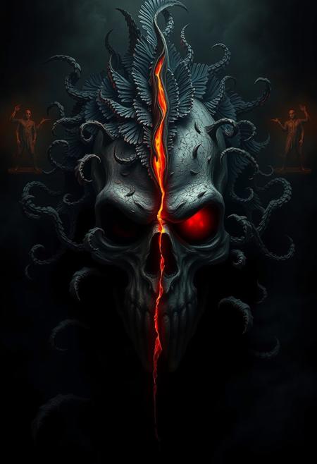 A photorealistic image with a distinct split, creating an eerie, creepy atmosphere.  Dark tones and unsettling details populate the divided sections, emphasized with dramatic lighting and bold areas. Intricate details are present throughout.