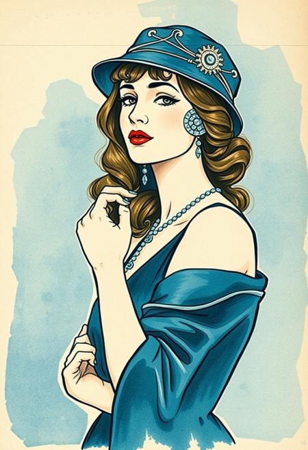 Clip art, travel, retro, history and culture, film rubber grainy texture, CityWalk, white torn paper outline, postcard. sophisticated woman rendered in a nineteenth century postcard delicate watercolor in blue tones aesthetic Art Nouveau style