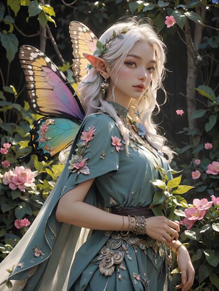 bj_Elf,1girl,solo,long_hair,white hair,hair_ornament,flower,earrings,wings,cape,bracelet,leaf,plant,butterfly,pink_flower,butterfly_wings((masterpiece)),Natural Scene,Surrounded by many flowers.,((best quality)),(realistic:1.2),(high detial, intricate details, hyper detailed:1.2),(8k uhd),<lora:bj_Elf:0.5>,