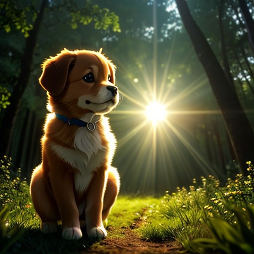 (best quality: 1.2), (masterpiece: 1.2), (realistic: 1.2),  closeup photo, a very cute jumping puppy in the forest, soft v...