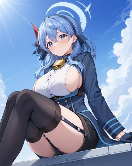 breathtaking,ako \(blue archive\),1girl, solo, looking at viewer, blush, smile, skirt, large breasts, shirt, thighhighs, gloves, long sleeves, ribbon, sitting, closed mouth, jacket, hair ribbon, white shirt, hairband, earrings, sky, day, black gloves, black thighhighs, cloud, black skirt, blue sky, coat, bell, sideboob, feet out of frame, garter straps, halo, blue jacket, neck bell, blue gloves, stud earrings, half gloves, blue hairband, blue coat
 <lora:Ako_image220_v1-000045:1>, . gorgeous,key visual, vibrant, studio anime,award-winning, professional, highly detailed,high budget, cinemascope