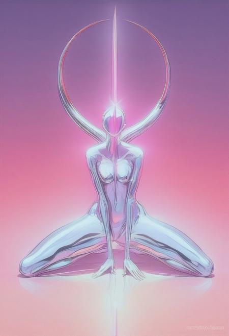 In this hyper-detailed Chromecore art piece, a vibrant scene captures a woman kneeling in a seated position on a flawlessly reflective mirror floor. She wears the iconic Sailor Moon outfit, the bright, saturated colors of the uniform contrasting vividly against her body, which is covered in a metal skin texture featuring an iridescent, glossy sheen from the neck down. Her skin exhibits a gradient of vibrant hues, showcasing a colorful array that shines brilliantly against a simple dark and blue background, amplifying her presence with bright, vibrant colors.
Her posture is calm and composed, her head tilted backward in a graceful arch, eyes gently closed as if in a deep meditative state, exuding a serious expression that emphasizes a sense of peace and serenity. The minimalist surroundings enhance the impact of her chromatic figure, with dark pillars rising like monoliths, framing the scene and contributing to the dark vibes and dark fantasy atmosphere.
These towering structures add a serious tone, contrasting with her expressionless but colorful form. The mirror-like floor reflects every detail of the scene, including the luminous quality of her chromatic skin and the intricate folds of her outfit, amplifying the ethereal beauty of the moment. This visual harmony between the luminous figure and the minimalist, shadowy environment merges the dreamy aesthetic with stark contrasts, embodying the essence of Chromecore. animaport