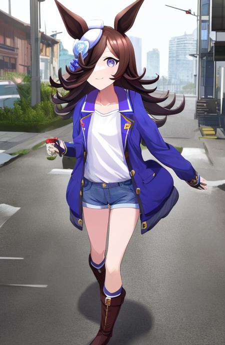 <lora:RiceShower:0.75>, (rice shower \(umamusume\)),looking at viewer, white shirt, open jacket, denim shorts,  boots,  cityscape,  walking,