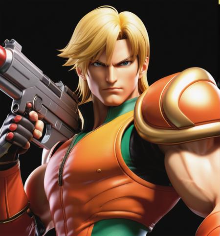 Close-up of a man holding a psychogun, hair blonde male, King of Fighters character, fighting game character, as a character in tekken, yoshitaka amano octane render, muscular male hero, Samus, Char Aznable album art, 3d rendering of jerma 9 8 5, doom guy resembling samus, muscular character