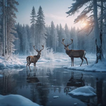 small lake surrounded by a frozen taiga forest, snow on the trees, winter, complex details, a deer near the water, masterpiece, nostalgic atmosphere, cinematographic lighting, sharp focus, 4k, photo, digital art, fantasy style