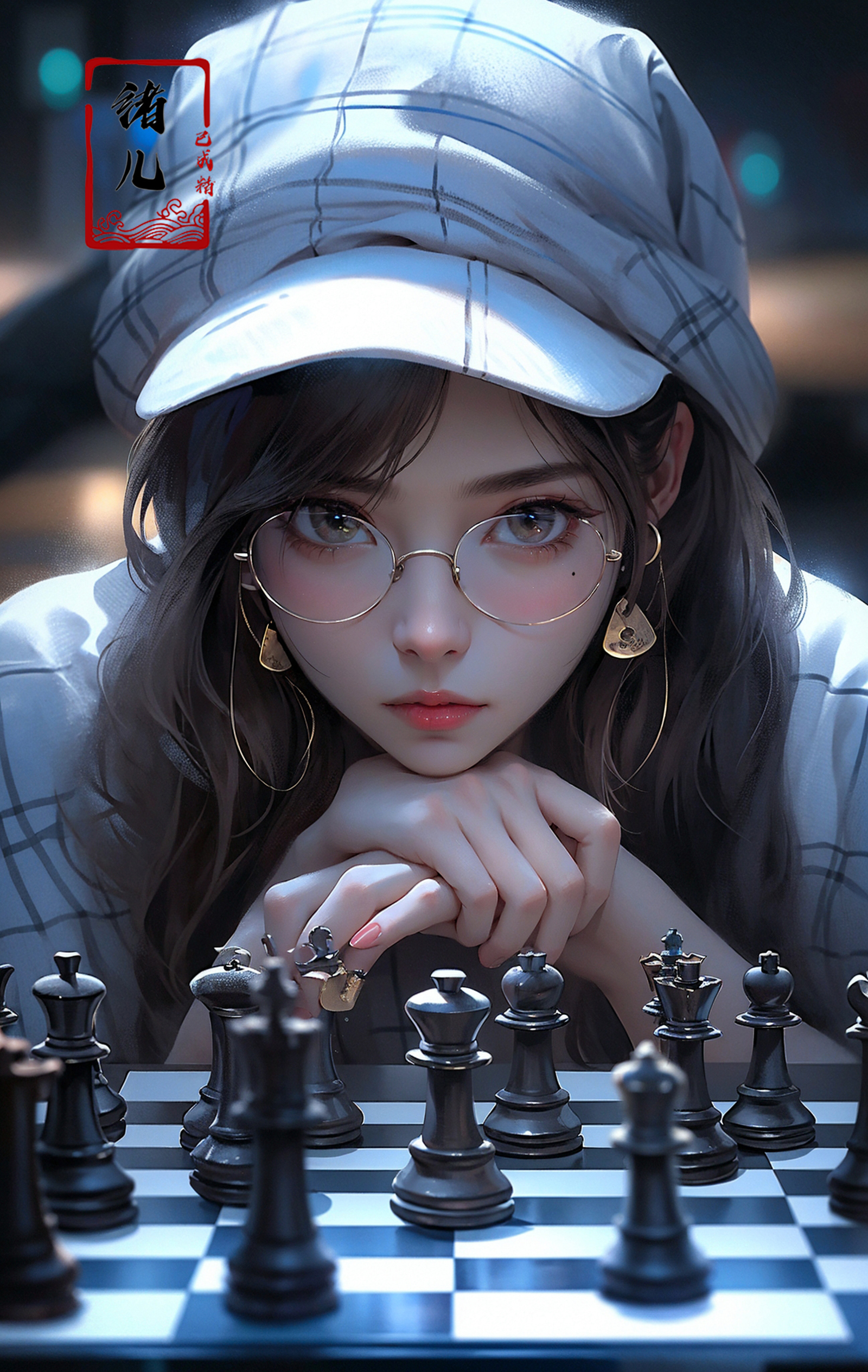A woman with glasses and a hat is playing chess, which includes a close-up of her hands on the chessboard.