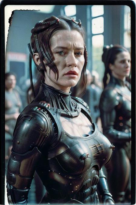 Mature Irish princess,huge breasts, detailed skin, strong jawline, lipstick bulging muscles, muscle striations,art by Karol Bak and Magali Villeneuve,lois_pacen,analog photo, vintage, faded film, film grain, polaroid, postcard style,Borg, cable, cyborg