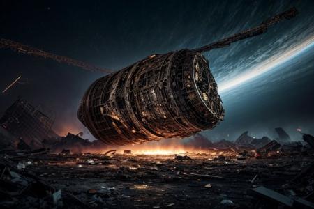 An elegant spaceship glides through debris in space after a battle, surrounded by the wreckage of destroyed spacecraft, view from below, suspenseful atmosphere, ultra realistic, hyper detailed, sci-fy, cinematic lighting, highlights, gritty atmosphere, RAW, (realistic photo, best quality, detailed), (8k wallpaper), (cinematic lighting, dramatic lighting), (sharp focus, intricate), zzspczz