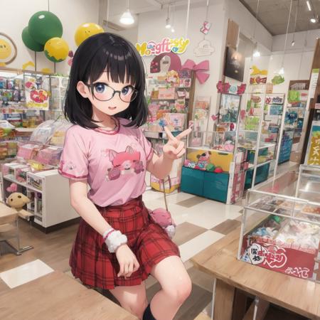 best quality, ultra-detailed, illustration,
1girl,solo, black hair, medium hair, glasses, 
idol style, cute clothing, bright colors, playful patterns, ruffled skirts, knee-high socks, kawaii accessories, youthful designs,
MollyFantasy, scenery, shop, poster (object), chair, indoors, 
 <lora:MollyFantasy_SD15_V1:0.6>