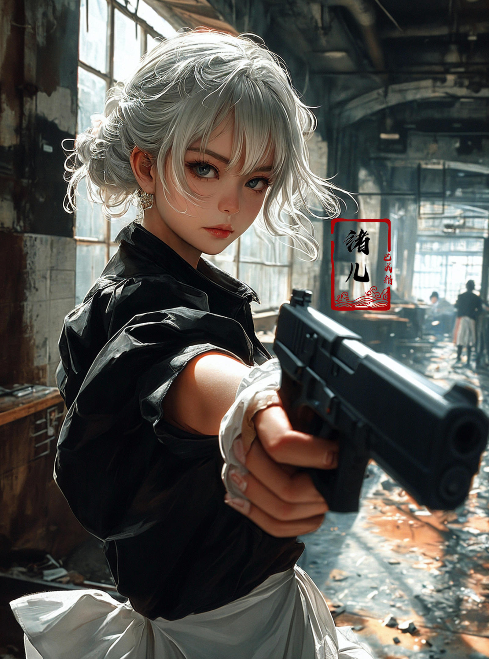 A woman holding a gun in a black jacket.