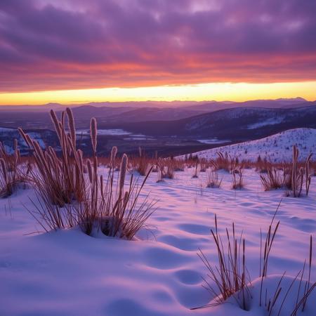Snowy Field, Tall Grass, Icicles, Deep Snowfall, Great Rolling Hills, Dim Sky, Evening Sunset Sky, Purple Sky, Masterpiece, Scattered Forest, Sloping Hills, Winter Solstice