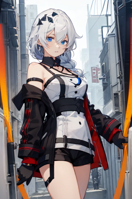 SinHunterKallen, 1girl, solo, long hair, blue eyes, hair ornament, gloves, dress, hair between eyes, bare shoulders, braid, white hair, black gloves, black jacket, braided ponytail, short shorts, black shorts, 