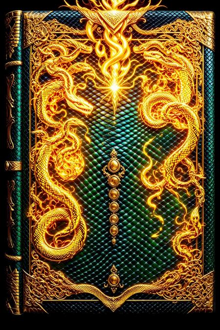 sn4k3. An ancient tome bound in dark green sn4k3 skin, its surface decorated with golden serpentine patterns and pulsating with arcane energy