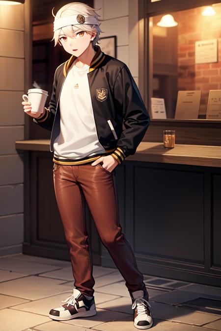 extreme detail, ultra-detailed, illustration, extremely detailed CG unity 8k wallpaper, <lora:Soul Evans:0.6>, ((Soul Evans)), 1boy, letterman jacket, headband, soul sticker, brown pants, sneakers, cafe, full body,