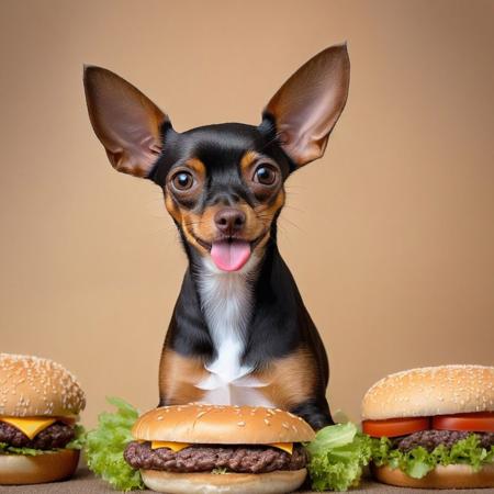 1 adult Dog, AP, (Russian toy terrier breed:1.4), (adult Toy Terrier:1.4), (toy-terrier female), (short brown fur color beige eyebrows and muzzle:1.4, large ears, sits on a bed, front view, giant hamburger near the dog:1.4), (extremely detailed hazel eyes, perfect dog eyes, eye catch), (long tongue falls out of the mouth to the left:1.4) (F/2.8, 50mm, sharp focus, intricate, deaph of field, 8k, top quality, hyperdetailed photo, hyperrealistic, professional, breathtaking, top quality, extremely detailed photo, perfect photo, full dog body in frame),