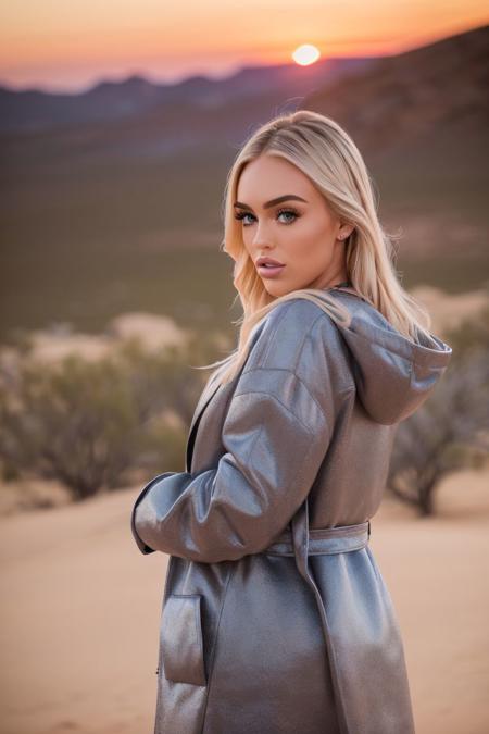 photo of S134_TiaunaRiley, a stylish woman, in the (outback:1.2), wearing a (coat:1.2), (sunset:1.1), (8k, RAW photo, best quality, depth of field, ultra high res:1.2), (absurdres, intricate, photorealistic, masterpiece, ultra-detailed:1.3)