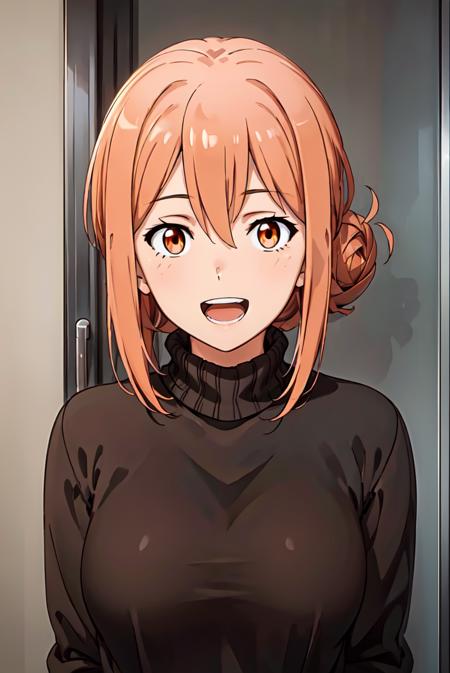 (extremely detailed CG unity 8k wallpaper), (masterpiece), (best quality), (ultra-detailed), (best illustration), (best shadow), (absurdres),    <lora:yuigahama-12:0.7>, yuigahama, open mouth, smile, sweater, :d, hair between eyes, looking at viewer, turtleneck, 1girl,  upper body, single hair bun, orange eyes, hair bun, shiny hair, teeth, brown eyes, solo focus, long hair