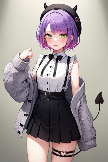 masterpiece, best quality, highres, bbtowa, short hair, black headwear, beret, fake horns, hair ornament, piercing, demon tail, black bowtie, white shirt, sleeveless, off shoulder, grey cardigan, open clothes, sleeves past wrists, black skirt, suspender skirt, thigh strap, <lora:tokoyami_towa_v1:0.7>, cowboy shot, standing,