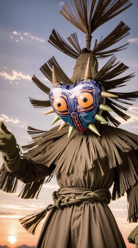 Skull kid, solo, (realistic:0.5), masterpiece, solo, (best quality, perfect detailed, beautifully detailed face, detailed eyes), glistening shiny, ray tracing, DOF, HDR, shiny hair, (soft particles floating:1.1), ((looking at viewer)), (full body:1.1), ((8k wallpaper)), ((highres)), day, sky, outdoors, outstretched arms, male focus, gloves, 1boy, mask