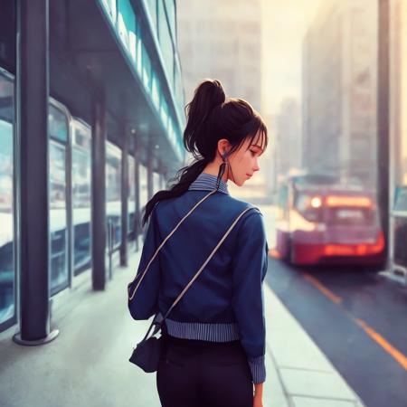 dgtl, a portrait of a cute woman, jacket, earbuds, looking down, on a bus, dark hair, ponytail, soft lighting, realistic lighting