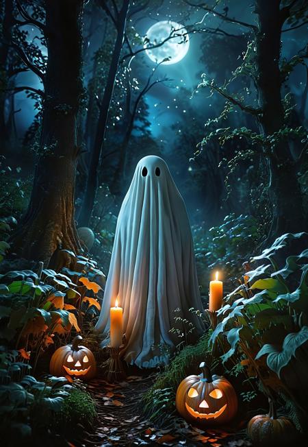 Charming ghost, photorealistic, woodland scene, detailed plants, dim lighting, whimsical ambiance, ultra-high resolution, natural colors, cinematic shot, close-up view, medium shot, wide-angle view, low-angle shot, high-angle shot, expressive eyes, smooth textures, gentle glow, magical atmosphere, balanced composition, dynamic flow, peaceful vibe, enchanted forest, at night, halloween, pumpkins, candles,
 <lora:zavy-cntrst-sdxl:1> dark, chiaroscuro, low-key  <lora:SDXLHighDetail_v5:1> <lora:dark_weather:1>