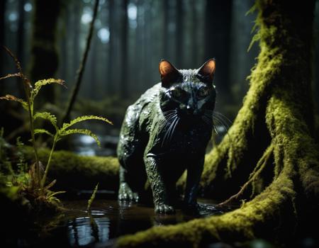 award winning photograph of a creature [cat | frog] in a swampy forest, hybrid, cryptid, shadows, gloom, cold colors, rim lighting, volumetric
