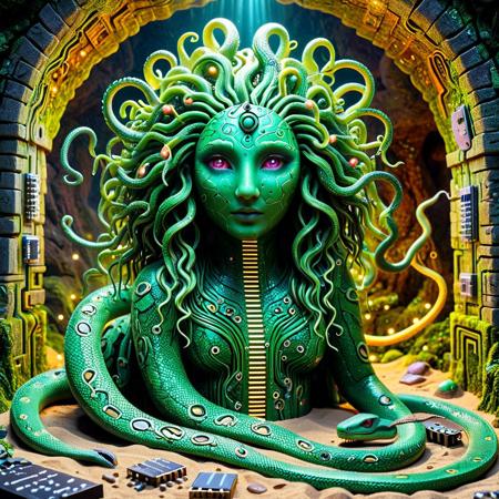 a  circuit board medusa with wriggly snake hair  in a magical mythical setting, Cave whose walls are covered with moss, sand snakes, vibrant  surreal, whimsical, playful, intricate details, cinematic lighting, digital painting, trending on artstation, 8k, ultra-detailed, masterpiece, fantasy art,  mythical creatures,  magical atmosphere, ,<lora:SankeHairILL:1>, pcb_style
