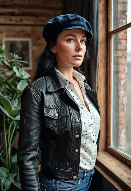 Stunning analogue photo of a beautiful 38 years old Dutch woman, sideview, shirt, jeans, leather jacket, baret, perfect face, absolute beauty, sexy pose, natural raven black hair, blue eyes, freckles, freckles and moles all over body, realistic freckles, detailed skin texture, textured skin, hyperdetailed face, absolute perfect tits, big tits, soft natural tits, standing at window of her loft, she looks at viewer, she is so in love with viewer, vintage style living room, loots of plants, early morning, soft natural early morning light, ultra realistic, extremely detailed