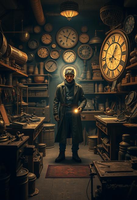 Create a cluttered, dimly lit workshop filled with strange and exotic artifacts from different eras and cultures. There's a workbench in the center of the room, covered in tools and half-finished projects, and a large, ornate clock on the wall that seems to be ticking away with an otherworldly rhythm. In the center of the image, a lone figure stands, surrounded by a halo of soft, pulsing light. The figure is dressed in a long, worn leather coat and a pair of goggles perched on their forehead, and is holding a strange, glowing device in one hand. Style: cluttered, dimly lit, mystical. Colors: warm, golden, glowing. Highest-Quality, 4k, Masterpiece