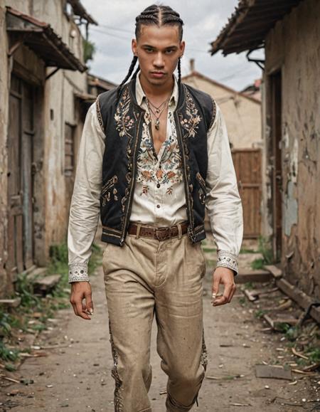 Realism, Concept art, Mingei, Feminine Guy, wearing Vintage clothing with Edgy embroidery, Strolling pose, he has Cornrows hair