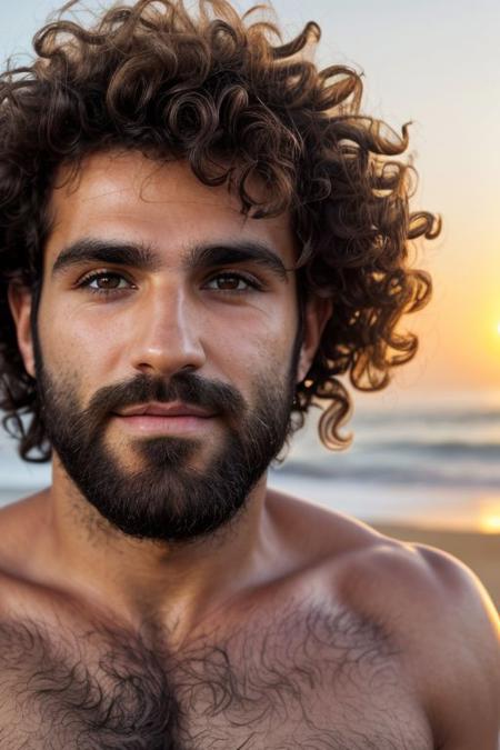 A close-up photo of a handsome hairy fit Mediterranean  man, on the beach, looking the viewer, sunrise, curly hair