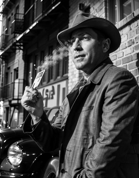 (a man walking in the street:1), (1boy), (sign, brick, cars:1.2),(coat:1.2), looking at viewer, from below, smile, (NoirStyle:1.5), (retro, cinematic, high contrast, spot light), (smoke:1.2),
(detailed ladscape:1.2), (dynamic_angle:1.2), (dynamic_pose:1.2),
(realistic:1.4), ((realism)), (masterpiece:1.2), (best quality), (ultra detailed:1.2), (8k, 4k, intricate), (canon R5, 50mm focal length, f/5.6), (cowboy shot:1), (85mm),light particles, lighting, (highly detailed:1.2),(detailed face:1.2), (gradients), colorful,(detailed eyes:1.2), (ultra photorealistic:1.2), (detailed skin:1.2),
<lora:epiNoiseoffset_v2:0.5> <lora:Noir_style:0.8>