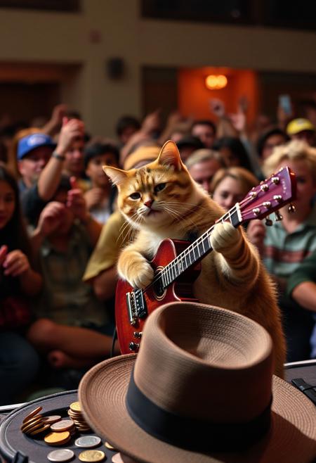 cat playing the guitar for a crowd, hat before the cat. coins in the hat.