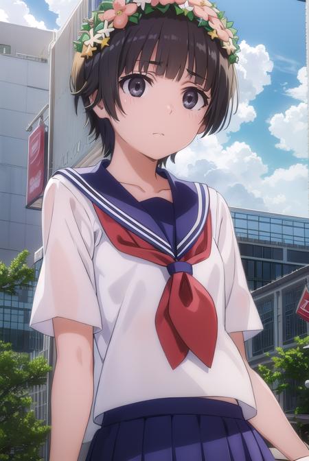 uiharukazari, <lora:kazari uiharu s3-lora-nochekaiser:1>,
uiharu kazari, (black eyes:1.5), black hair, flower, hair flower, hair ornament, head wreath, short hair,
BREAK armband, sakugawa school uniform, school uniform, serafuku, skirt, summer uniform, neckerchief, red neckerchief, blue sailor collar, blue skort, short sleeves,
BREAK outdoor, city, sky, sun, clouds,
BREAK looking at viewer, (cowboy shot:1.5),
BREAK <lyco:GoodHands-beta2:1>, (masterpiece:1.2), best quality, high resolution, unity 8k wallpaper, (illustration:0.8), (beautiful detailed eyes:1.6), extremely detailed face, perfect lighting, extremely detailed CG, (perfect hands, perfect anatomy),