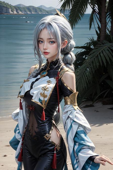 <lora:Shenhe_remake:0.85>, shen_he_(genshin_impact), 1girl, (black bodysuit), (hair ornament), white hair, (braid ponytail), black sleeves, breasts curtain, jewelry, hip vent, shoulder cutout, navel, (upper body:0.7), standing, (masterpiece, high quality, best quality), (colorful),(delicate eyes and face), volumatic light, ray tracing, bust shot ,extremely detailed CG unity 8k wallpaper,solo,outdoors,
Sun-Kissed Shoreline, Turquoise Waters, Sandy Beaches, Coastal Cliffs, Seaside Breeze, Palm-fringed Paradise, Colorful Sailboats, Tranquil Coves, Lighthouse Majesty, Coastal Sunset