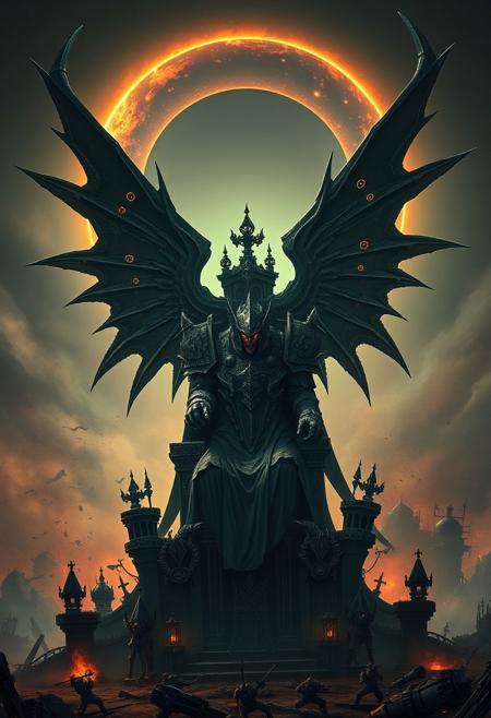dark sci-fi, Warhammer 40k, imposing figure, throne, massive wings, gothic armor, ornate details, grimdark atmosphere, eclipse in the background, dark celestial sky, ruined battlefield, futuristic gothic architecture, glowing symbols, chaos and destruction, dramatic shadows, cinematic lighting, photorealism, powerful, space marine, chaos lord, intricate design, glowing eyes, warhammer style, dark fantasy, galactic empire, space gothic, high resolution, epic scale, ((masterpiece))