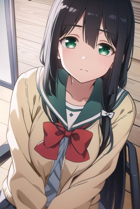 mimoritougou, <lyco:mimoritougou-lyco-nochekaiser:1>,
mimori tougou, long hair, (black hair:1.5), (green eyes:1.5),
BREAK skirt, long sleeves, school uniform, bow, bowtie, serafuku, red bow, cardigan,
BREAK looking at viewer,
BREAK indoors, classroom,
BREAK <lora:GoodHands-vanilla:1>, (masterpiece:1.2), best quality, high resolution, unity 8k wallpaper, (illustration:0.8), (beautiful detailed eyes:1.6), extremely detailed face, perfect lighting, extremely detailed CG, (perfect hands, perfect anatomy),