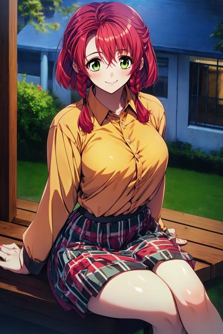 doukoku_riyo, green eyes, red hair, medium hair, twin braids, school uniform, jacket, long sleeves, plaid skirt,