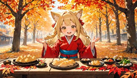 masterpiece, best quality, ultra-detailed, illustration,
oinarisan, food, still life, food focus, realistic, plate, leaf, table,
1girl, blonde hair, long hair, fox ears, miko, hakama, red hakama, miko_dress, smile, closed mouth, happy, pupils sparkling,
tatami, shouji, window_shade, blue sky, tree, wide shot, autumn leaves, 
<lora:oinarisan_SDXL_V1:1>