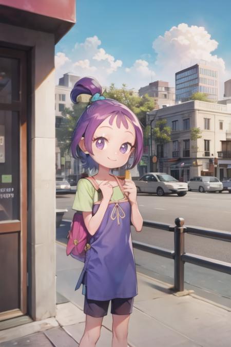 ojsgwopcs, smile, standing, city, colorful <lora:segawa-onpu-casual:1>