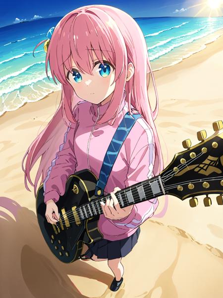 breathtaking,1girl,bocchi,solo,holding guitar, portrait, pink hair,blue eyes,long hair,hair ornament, pink jacket,guitar, ahoge, sand beach,sunlight,cloud sky,tree, black miniskirt, looking at viewer,from above,
<lora:bocchi_lora_norm-000045:1> , 
  . gorgeous,key visual, vibrant, studio anime,award-winning, professional, highly detailed,high budget, cinemascope