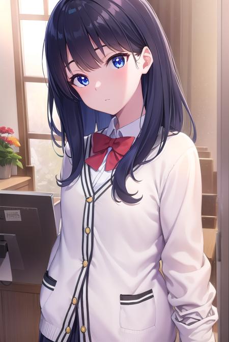 rikka takarada, black hair, blue eyes, long hair, orange scrunchie, scrunchie, wrist scrunchie black footwear, black skirt, bow, bowtie, buttons, cardigan, collared shirt, long sleeves, microskirt, pleated skirt, red bow, red bowtie, red socks, school uniform, shirt, shoes, skirt, socks, thighs, white cardigan, white shirt,