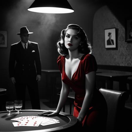 Film noir style nstylev2, Film noir style, ultra realistic, ultra defined textures black and white photography, A woman in a blood-red dress walks into a smoky underground club, the room falling silent as she glides past card tables and wary eyes. At the back, a man waits for her, a revolver resting on the table between them. She leans down, placing a single playing card over the barrelâan ace of spades. The dim lighting casts long, dramatic shadows as she whispers in his ear, tracing his jaw with her fingertips. Itâs a warning, a promise, and a goodbye all at once.<lora:Noir-Style_FilmPhotography_V2_-_SDXL1.0:0.9> . Monochrome, high contrast, dramatic shadows, 1940s style, mysterious, cinematic