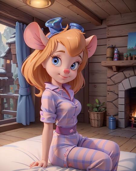 <lora:CARTOON_gadget_hackwrench_ownwaifu:1> cartoon_gadget_hackwrench_ownwaifu, mouse tail, mouse girl, goggles on head, mouse ears, cleavage, mechanical parts, 1girl. (Wearing Flannel Pajamas:1.2). (One single breast coming out of her shirt:1.2). Highly detailed beautiful expressive eyes. 1 Fireplace. Sitting on thick blanket. Log cabin interior. Photorealistic, Natural atmospheric lighting, intricate details, 35mm photograph, film, professional, 4k visuals, highly detailed, elegant, studio quality.