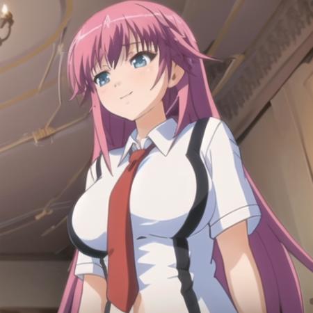 (masterpiece, best quality:1.2),illustration,8k,hd,1girl,solo,bust,smile,long_hair,very_long_hair,blue_eyes,breasts,large_breasts,shirt,school_uniform,pink_hair,necktie,red_necktie,pants,suspenders,short_sleeves,<lora:Aizawa Suzuka-V1>,